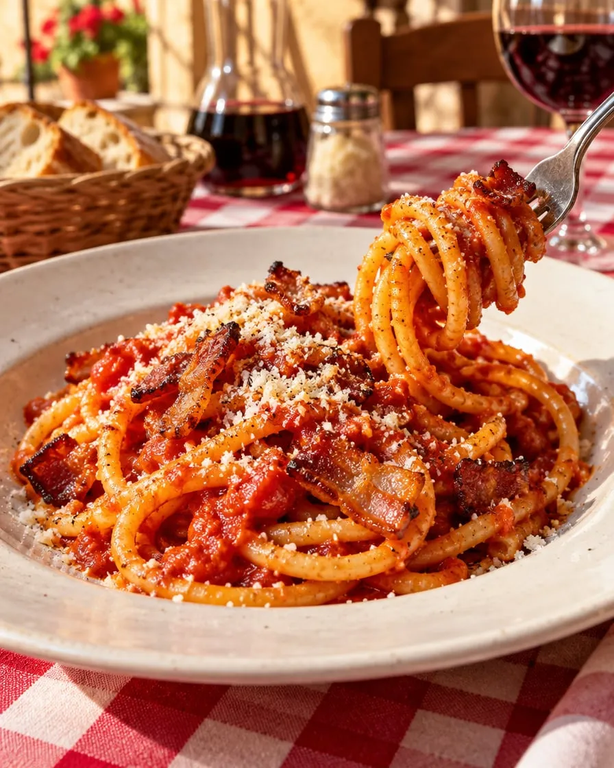 Bucatini all'amatriciana con guanciale e pecorino su una tovaglia a quadri
